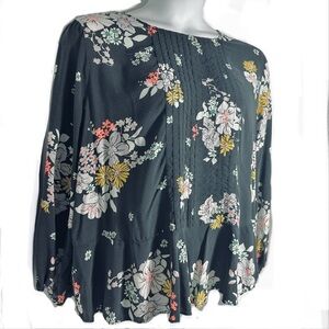 Old Navy Pintuck Swing Peplum Sz XXL Black Floral Pullover Peasant Tunic Top